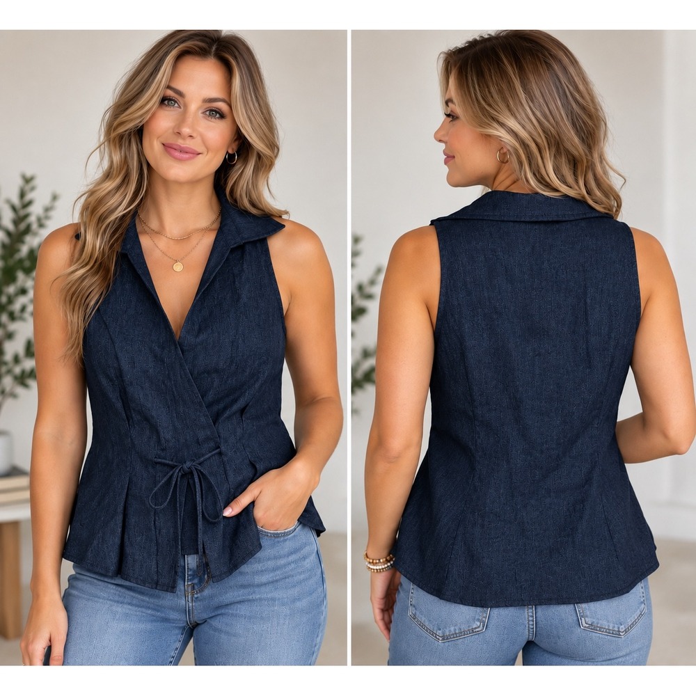 OGL Large Navy Blue Linen Blend Tie-Waist Vest Top| Coastal Chic NWT
